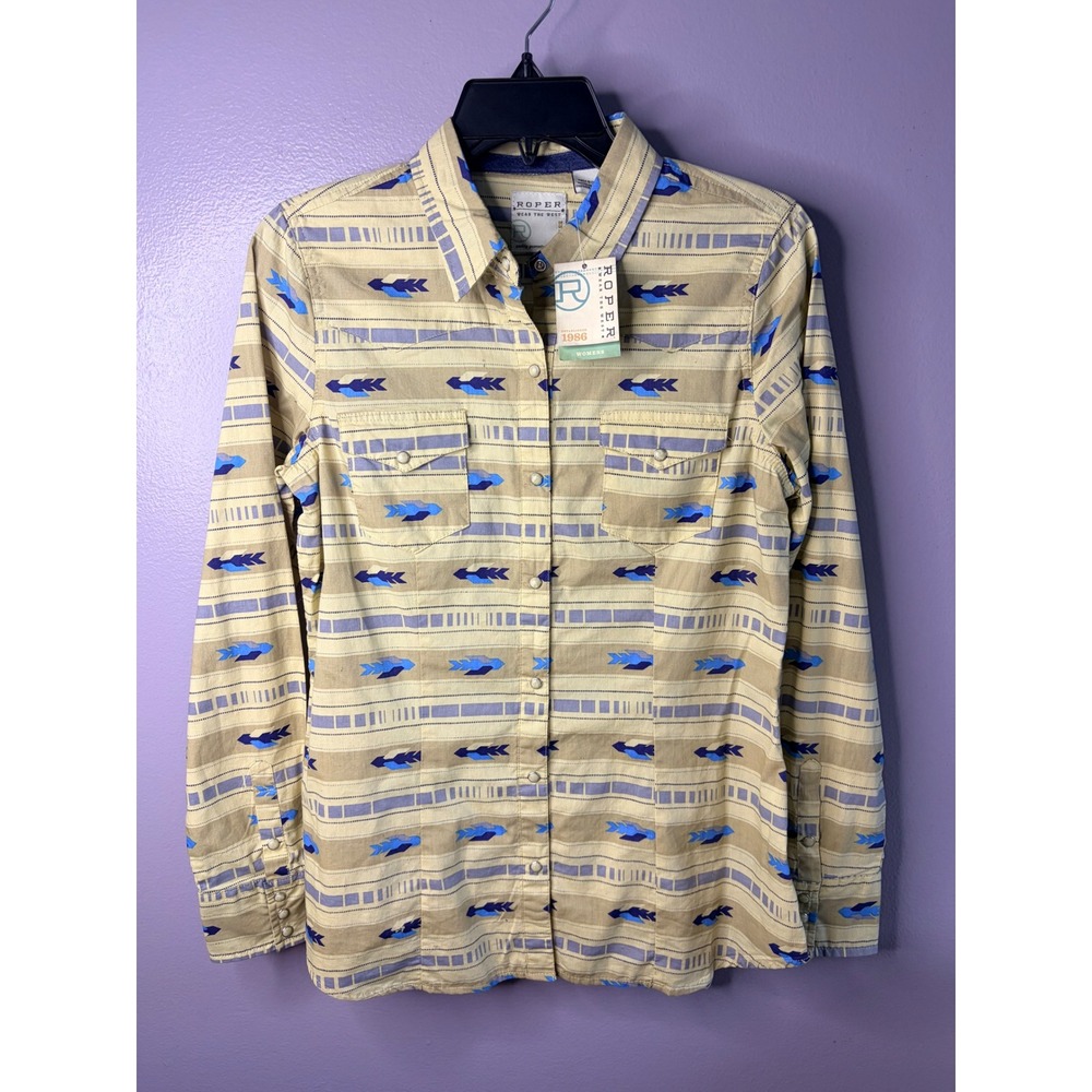 Roper Womens Tan Blue Arrow Print Western Pearl Snap Shirt Size Small NWT